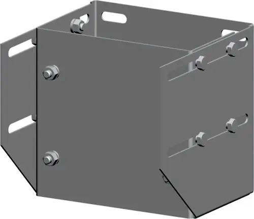 Edelstahlbauteil mit quadratischer Form und mehreren Befestigungslöchern, wahrscheinlich für Wandkonstruktionen. Produkt von Wolf.